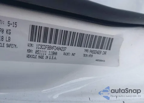 2015 Dodge Dart Sxt z USA, uszkodzony, nr VIN 1C3CDFBBXFD404237